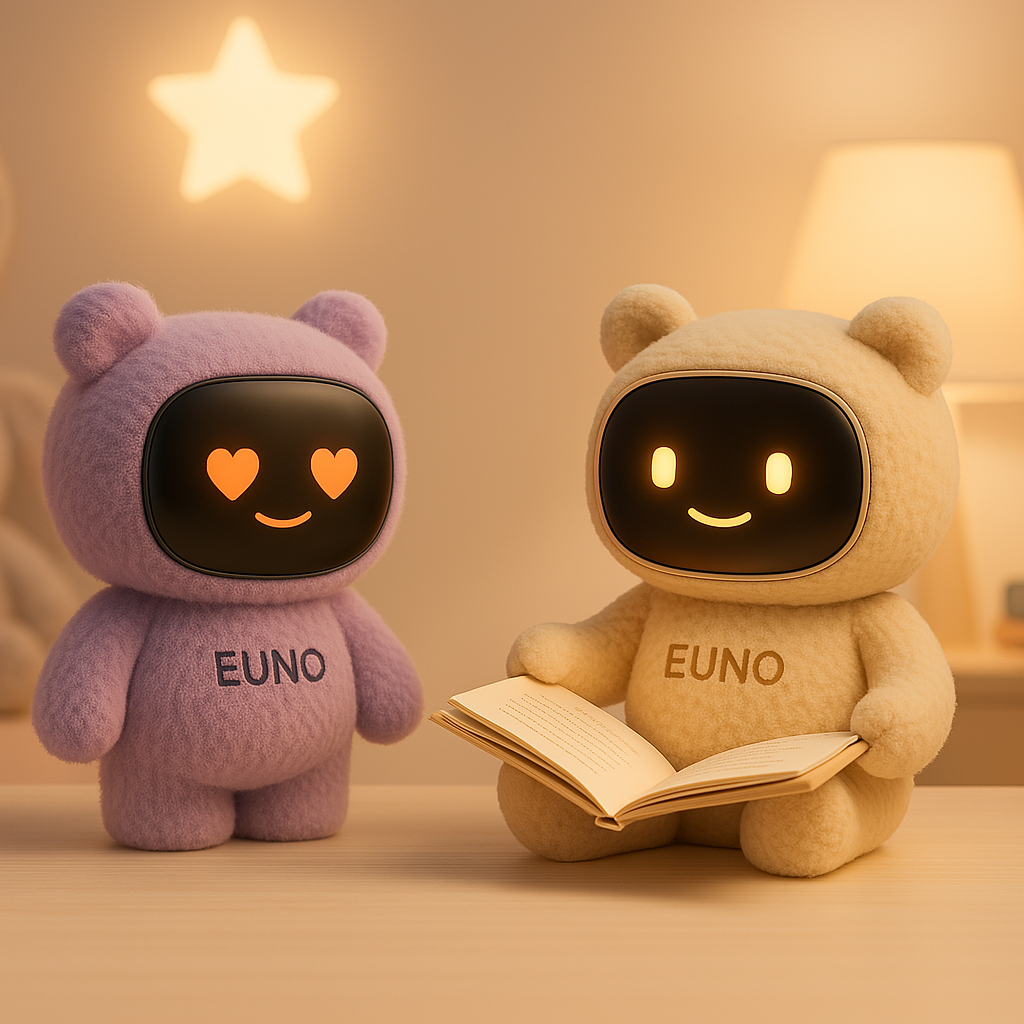 Deux robots euno, un jaune et un violet interagissent