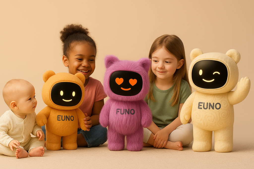 3 Euno de tailles différentes entourés d'enfants en bas âge